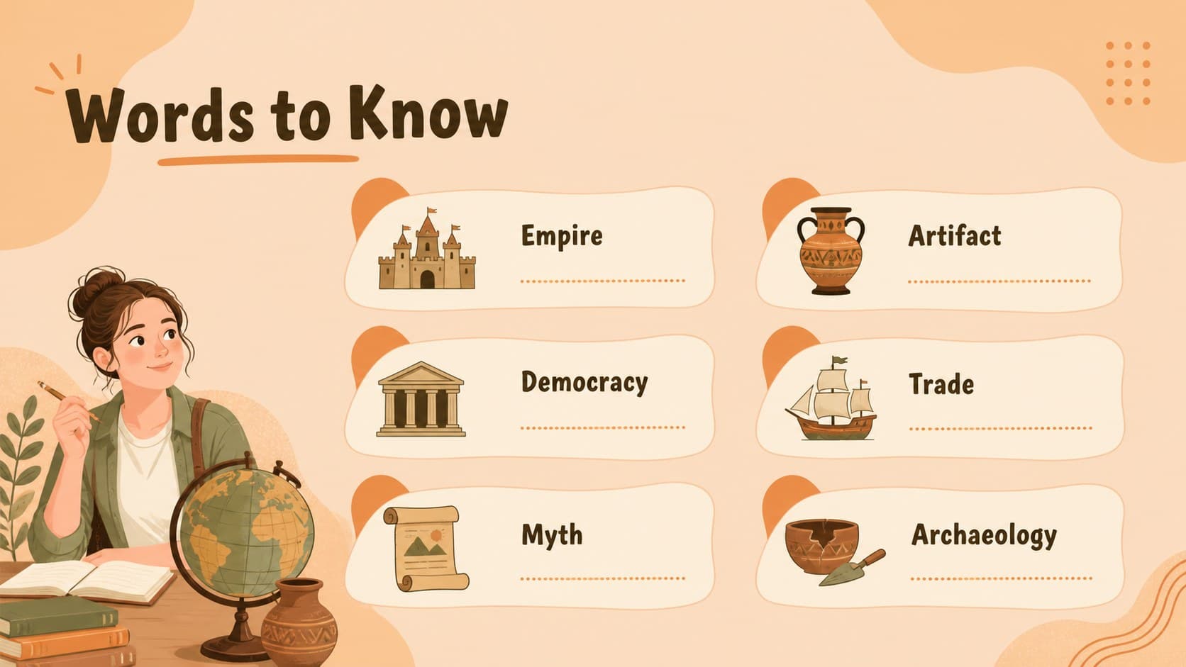 Ancient history vocabulary slide with illustrated terms for a middle school world history lesson.