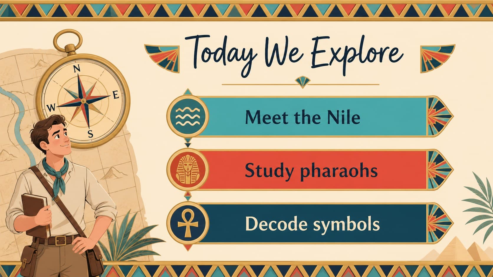 Ancient Egypt classroom lesson agenda slide showing learning goals and illustrated history icons.