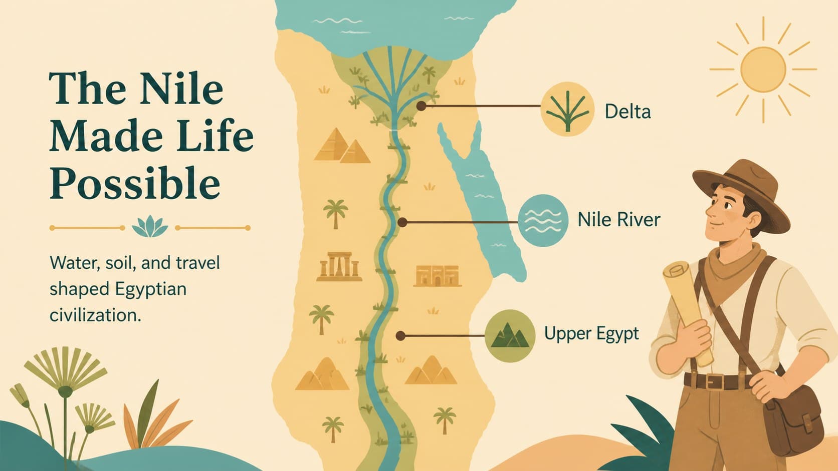 Egyptian civilization presentation map slide tracing the Nile River through ancient settlements.