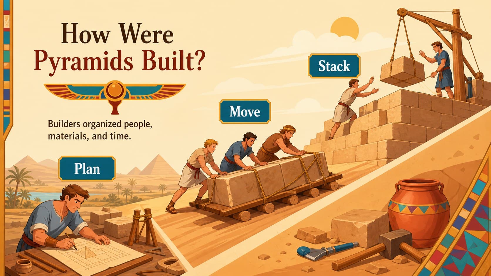 Pyramid history teaching slides layout showing a labeled construction sequence with illustrated stone blocks.