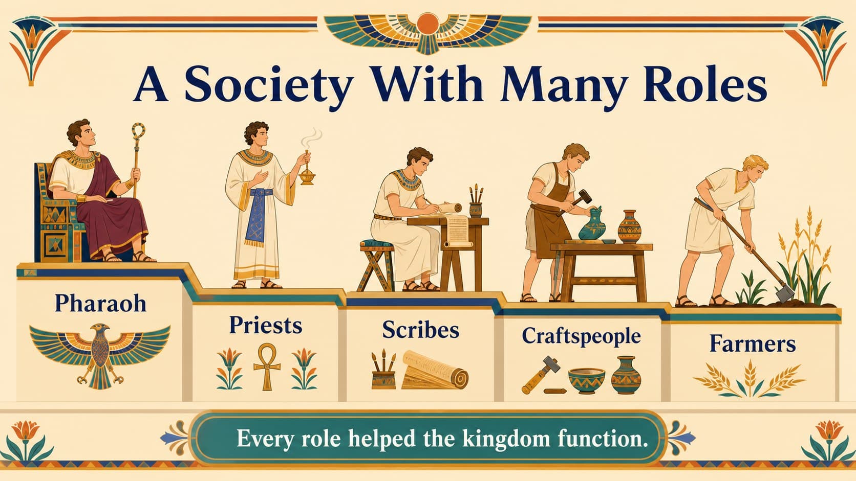 Ancient Egypt social structure diagram showing groups from pharaoh to farmers and craftspeople.