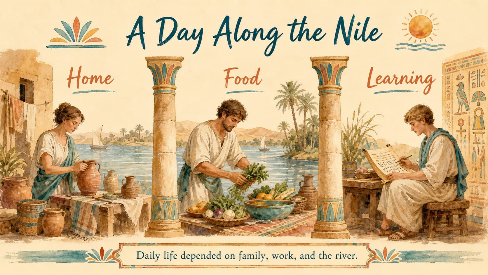 Ancient Egypt lesson for kids slide comparing an Egyptian home, meal, and school day with friendly illustrations.