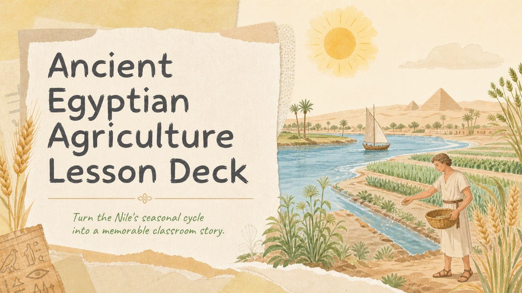 Cover of an Ancient Egyptian agriculture lesson deck with Nile fields, grain, and warm illustrated paper textures.