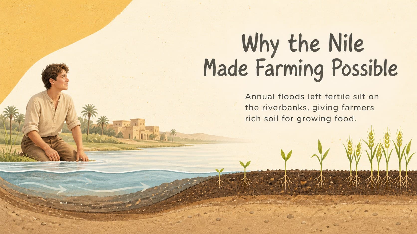 Nile River agriculture presentation slide explaining how annual flooding supported fertile farmland.
