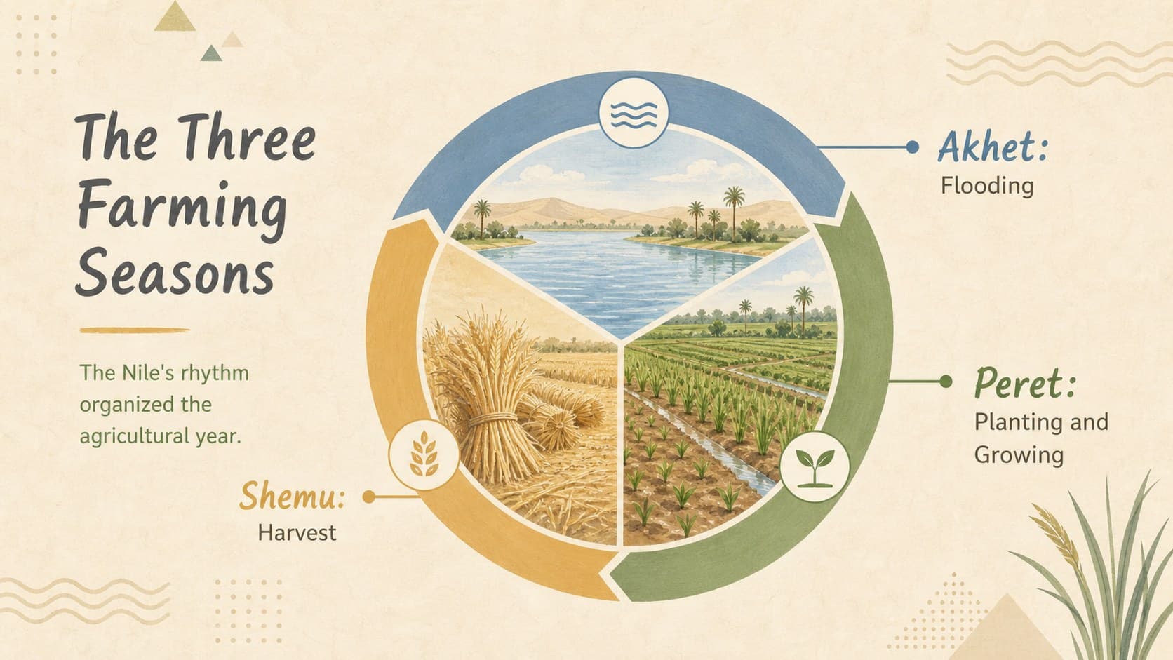 Ancient Egypt farming cycle classroom slide showing flood, planting, and harvest seasons.