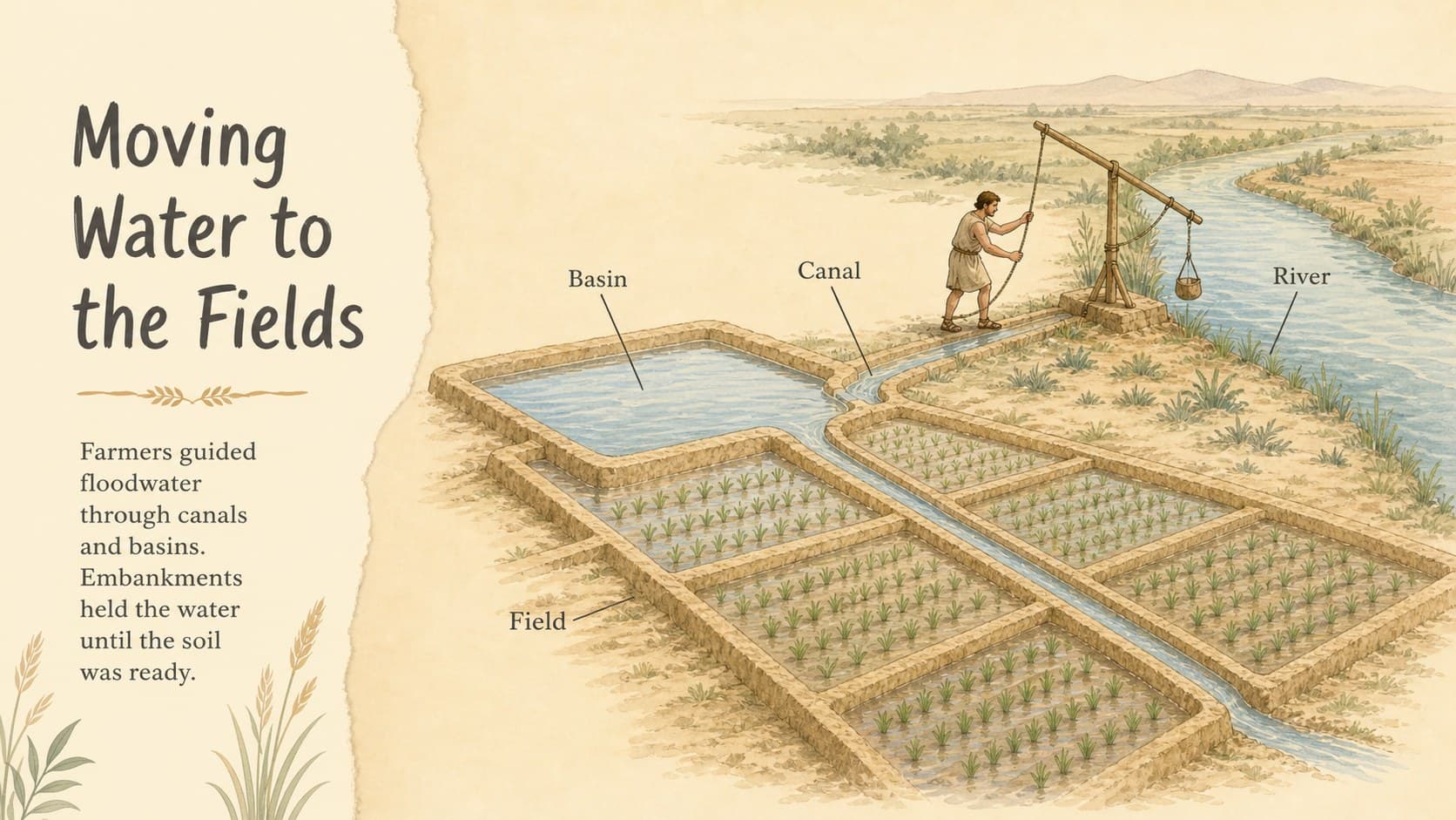 Ancient Nile irrigation teaching slide with a labeled basin and water-channel diagram.