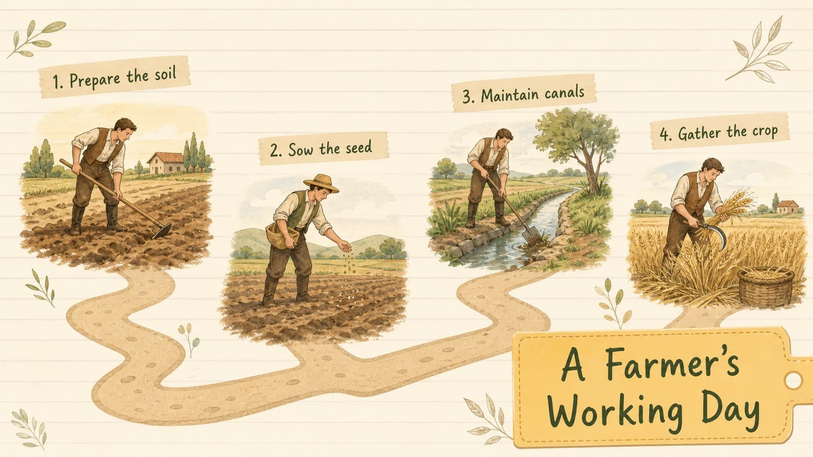 Ancient Egypt harvest lesson presentation slide illustrating a farmer's daily tasks beside the Nile.