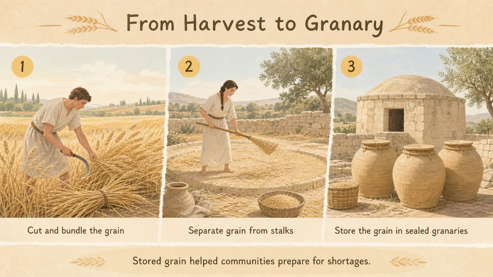 Ancient Egypt food production lesson slide explaining harvesting, threshing, and grain storage.