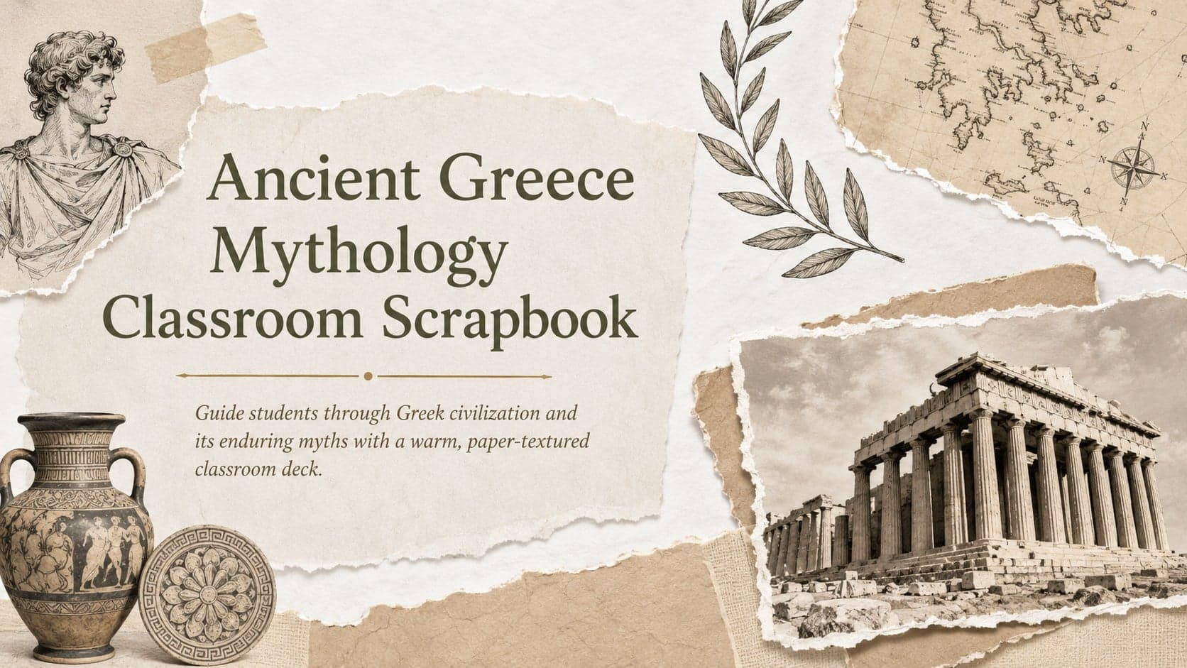 Cover for an Ancient Greece mythology classroom scrapbook with classical columns, parchment fragments, and beige paper collage details.