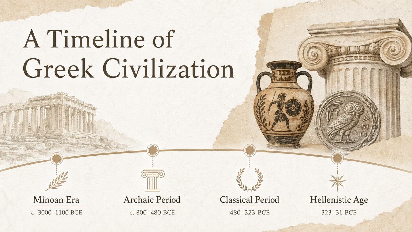 Classical civilization timeline slide tracing major eras of Ancient Greece with paper labels and pottery motifs.