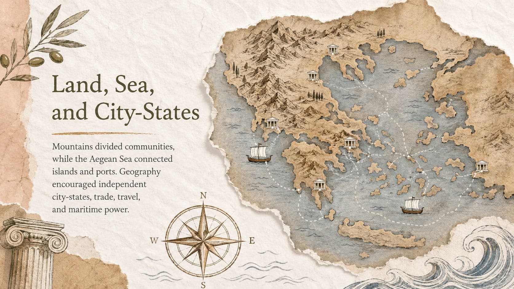 Ancient Greek geography slide showing the Aegean region, mountains, islands, and trade routes in a neutral collage design.