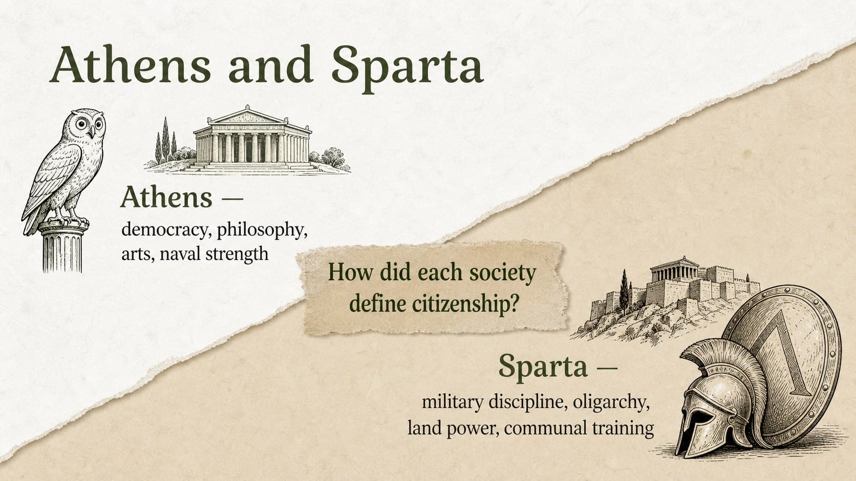 Athens and Sparta comparison slide for an Ancient Greece history lesson with contrasting scrapbook columns.
