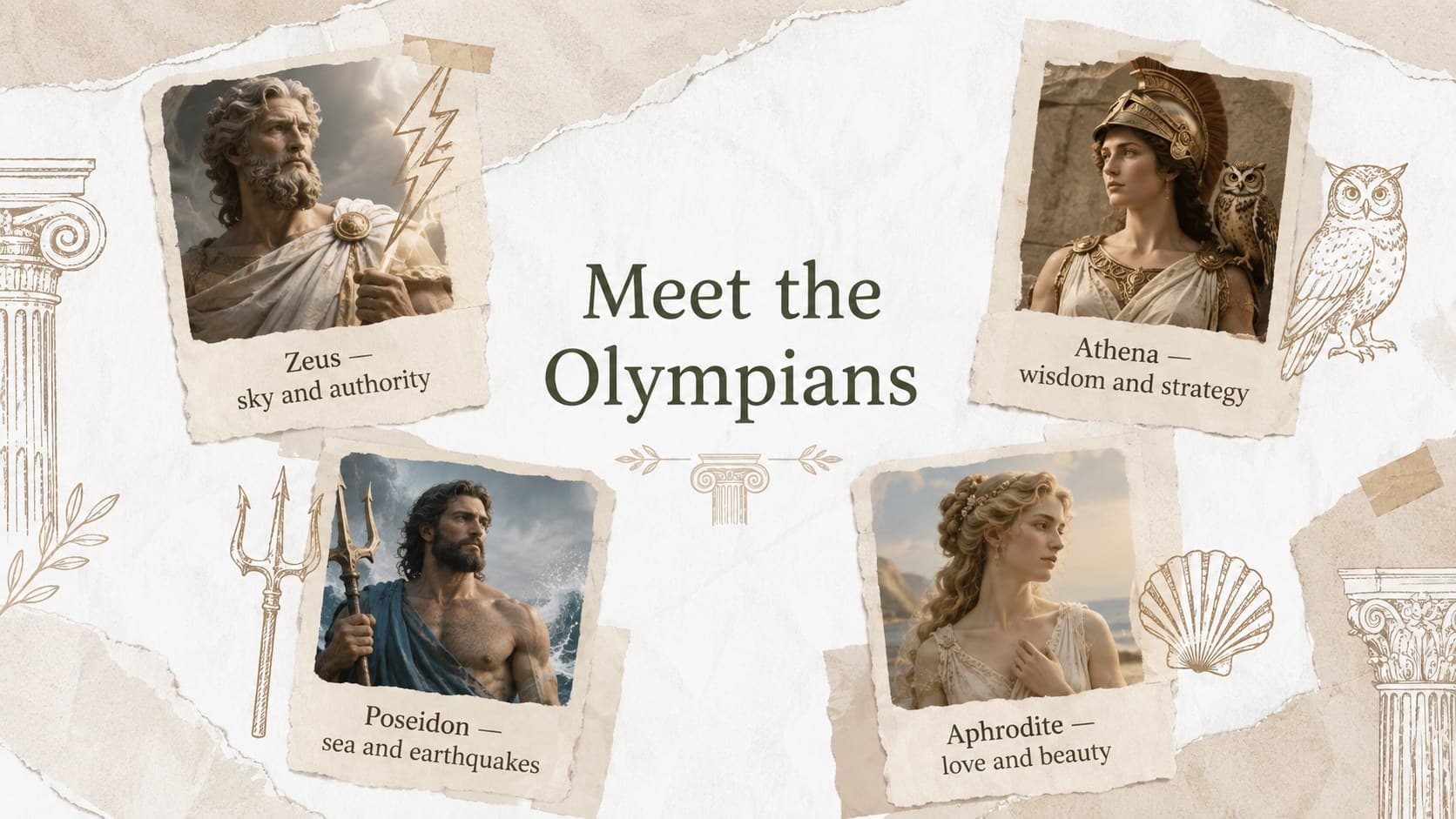 Olympian gods classroom deck slide introducing Zeus, Athena, Poseidon, and Aphrodite with classical symbols.