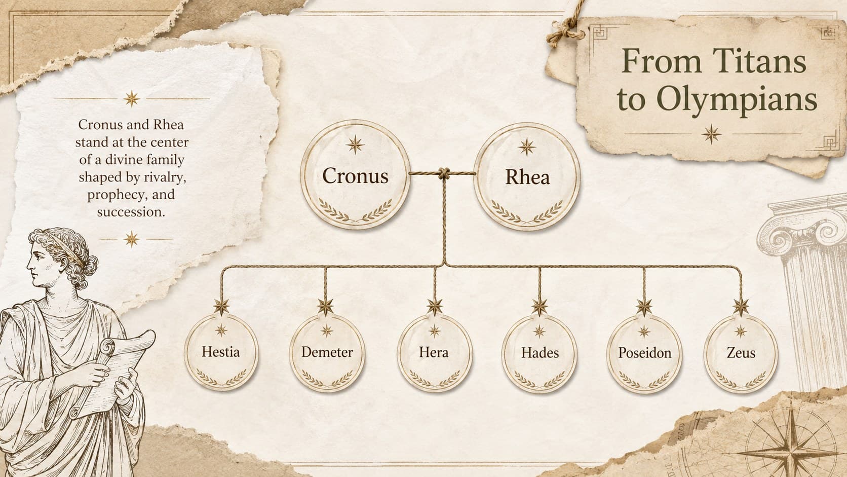 Greek mythology family tree slide mapping relationships among Titans and Olympian gods on layered beige paper.