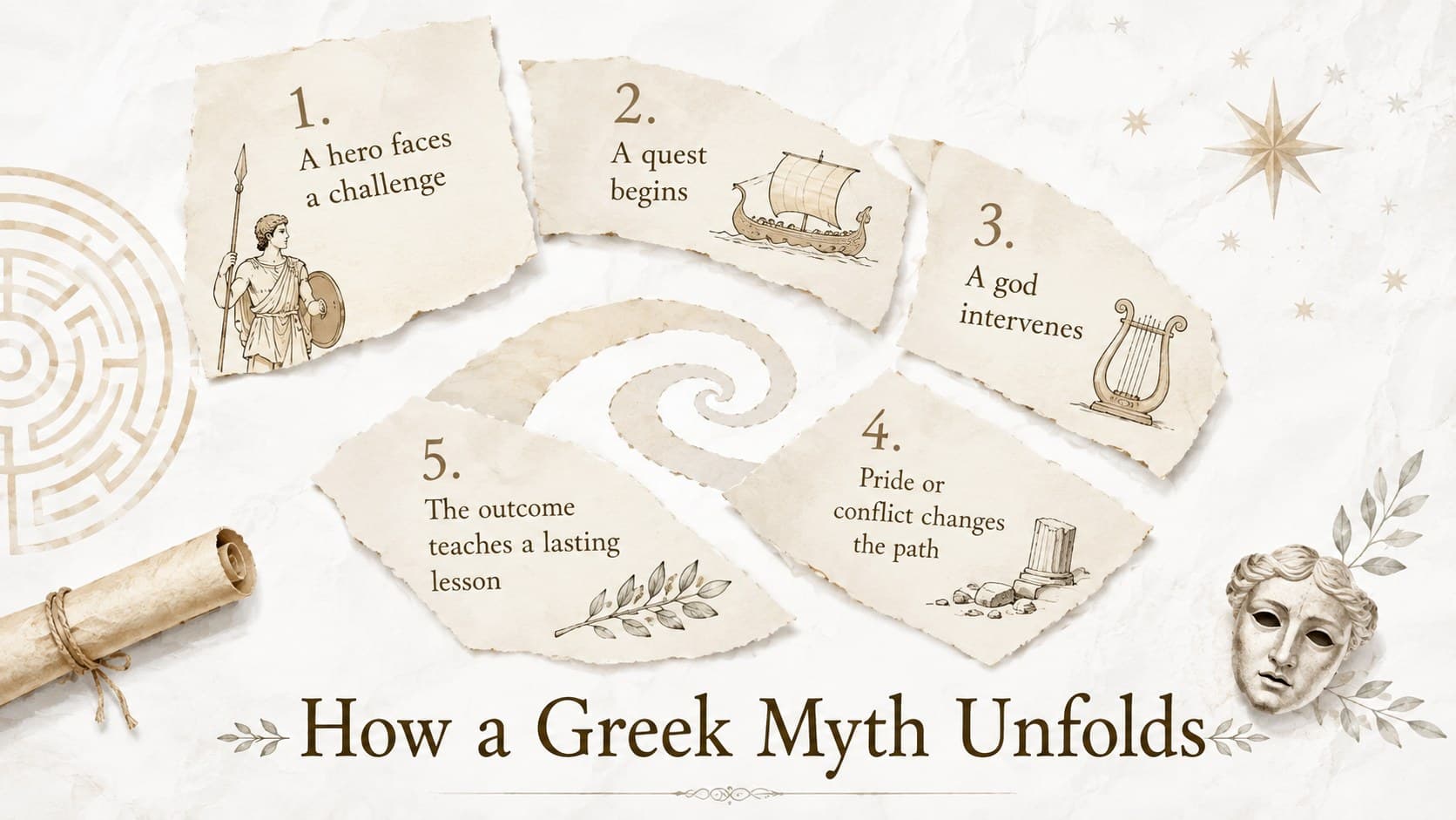 Greek myth structure guide explaining heroes, quests, divine intervention, conflict, and consequences.