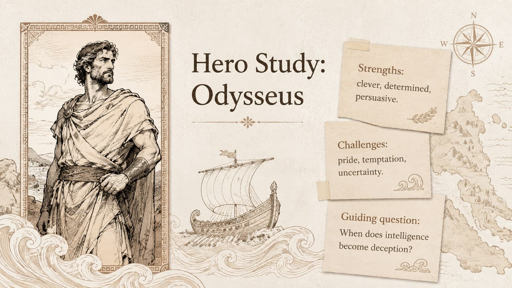 Greek hero study slide examining the journey and choices of Odysseus in a vintage classroom collage.