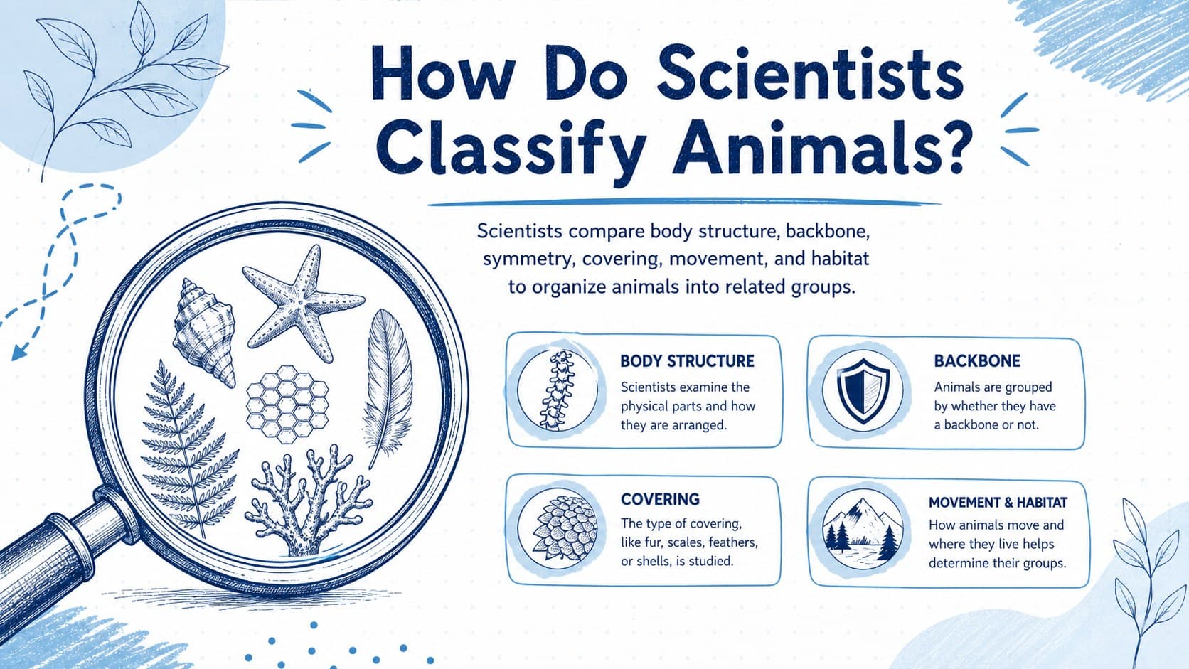 Animal taxonomy classroom presentation slide introducing observable traits used to classify animals.