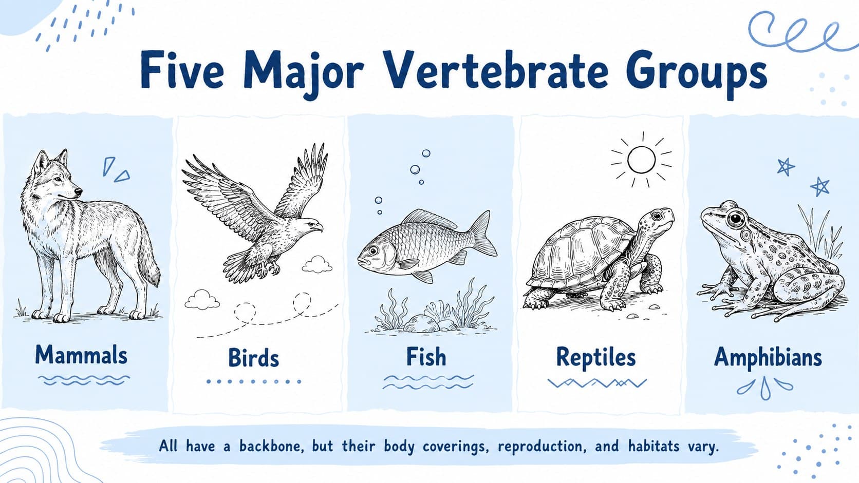 Vertebrate groups teaching deck slide showing mammals, birds, fish, reptiles, and amphibians.