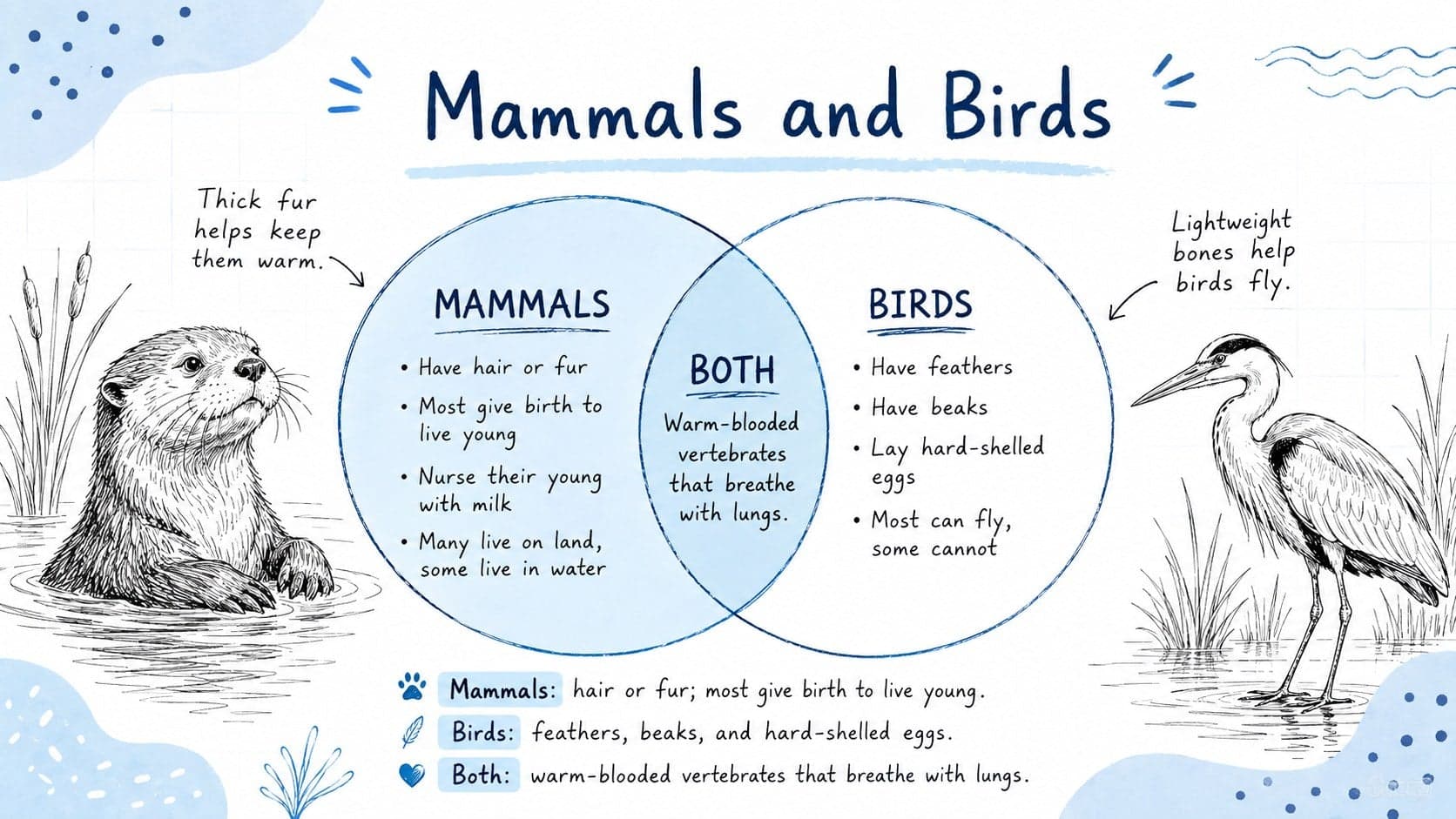Illustrated biology slide explaining mammal and bird traits with original animal drawings.