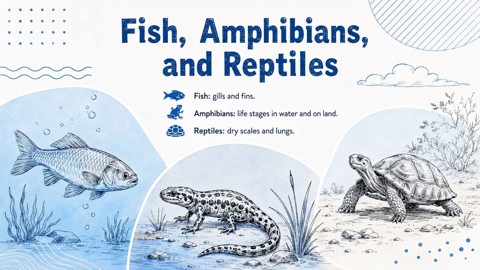 Animal classification slide comparing fish, reptiles, and amphibians in a blue illustrated layout.