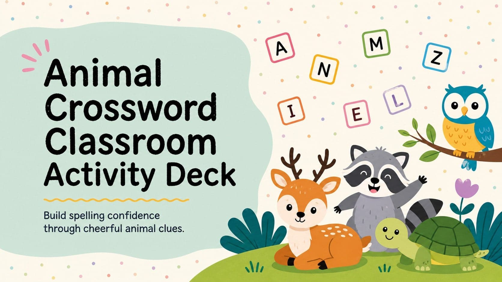 Colorful cover for an Animal Crossword Classroom Activity Deck with playful wildlife illustrations and letter tiles.