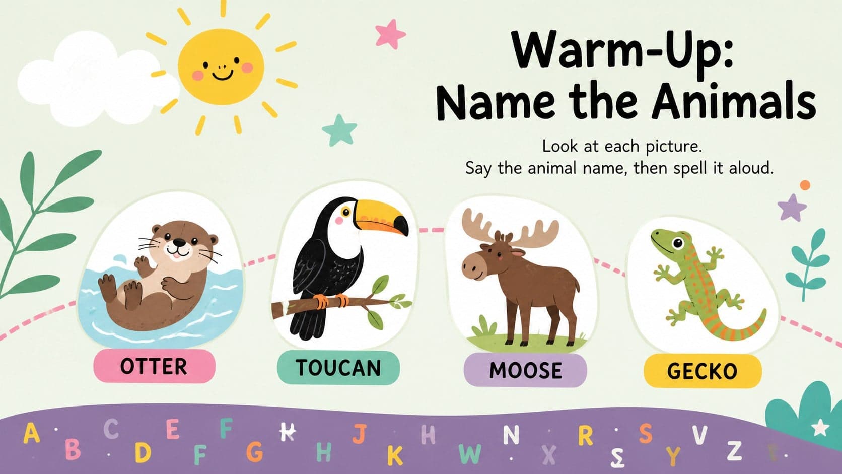 Animal vocabulary warm-up slide showing illustrated picture clues for elementary students.