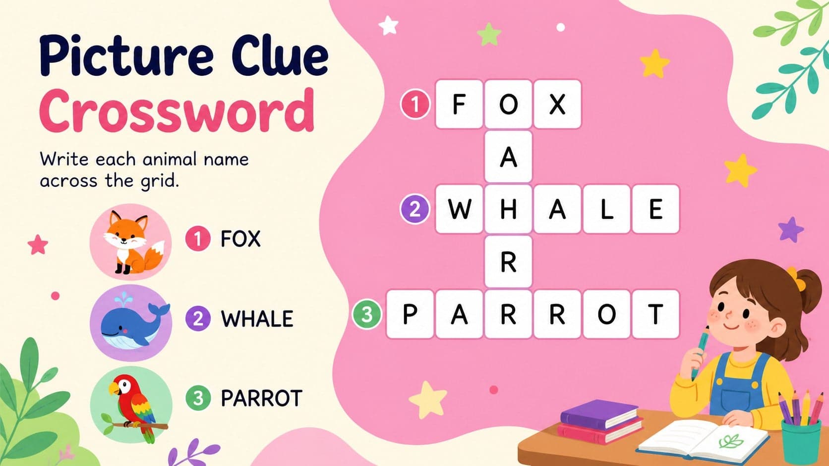 Picture clue crossword activity with colorful animal illustrations and an editable puzzle grid.