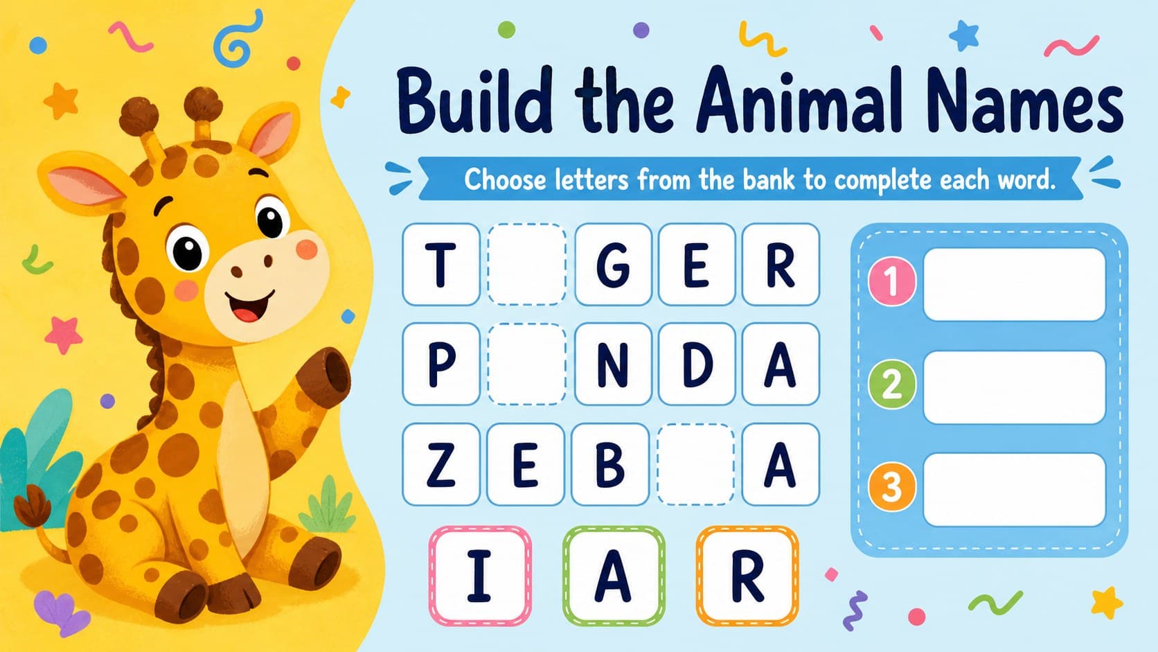 Letter bank animal spelling activity designed for an interactive elementary literacy lesson.