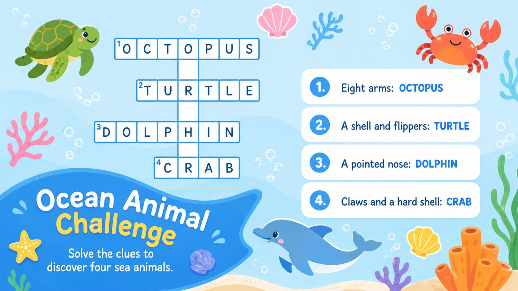 Ocean animal word puzzle slide with colorful sea creatures and crossword clues.