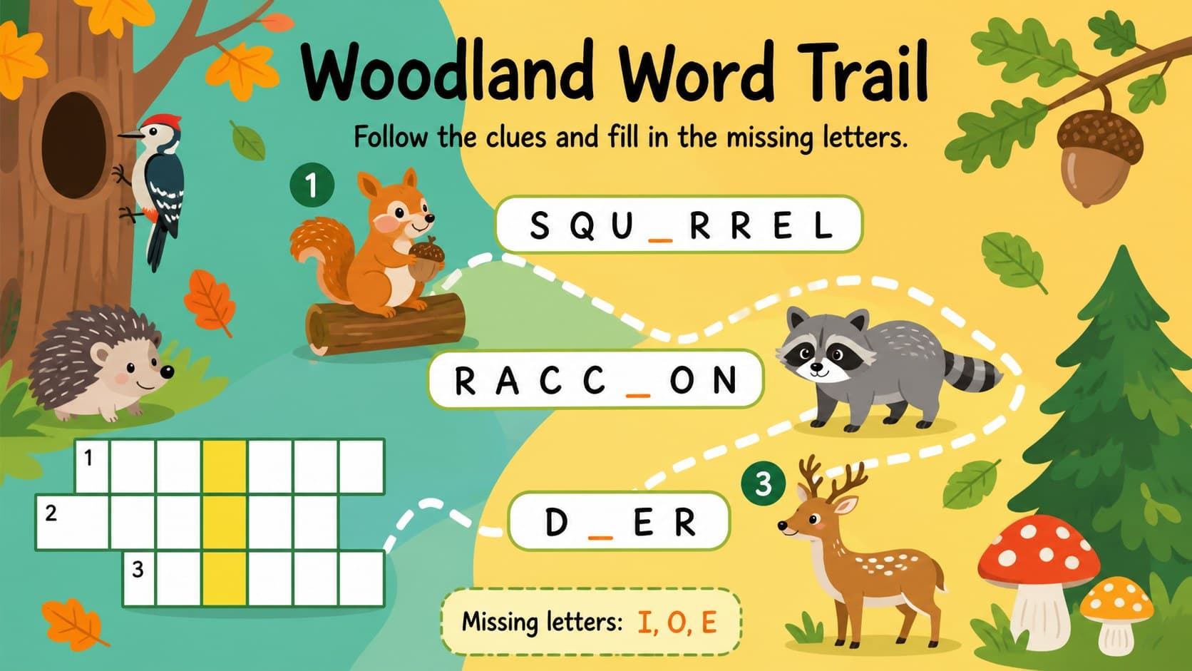 Woodland wildlife spelling puzzle with illustrated clues for elementary classroom practice.