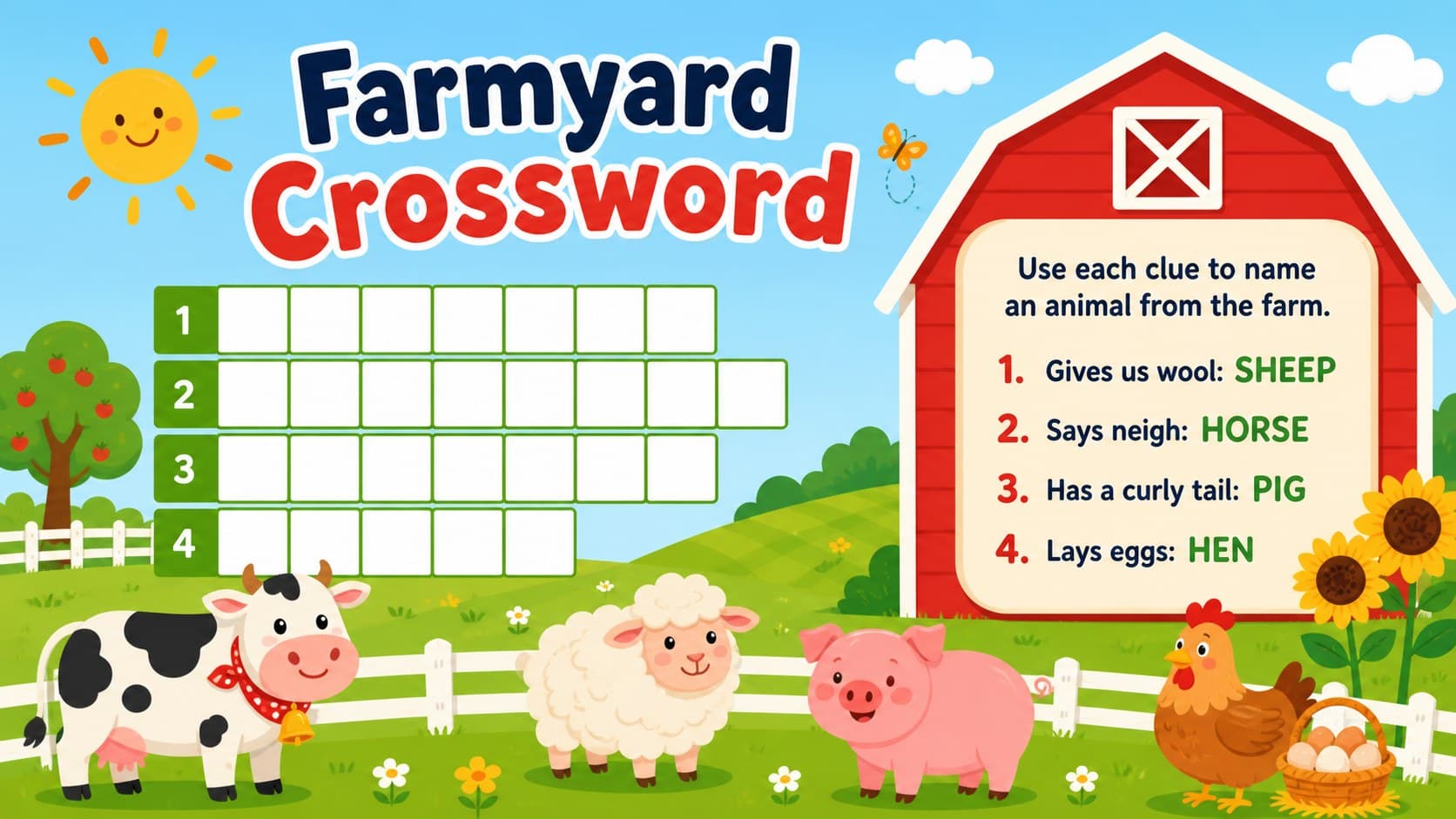 Farm animal crossword game slide with picture clues and colorful classroom graphics.