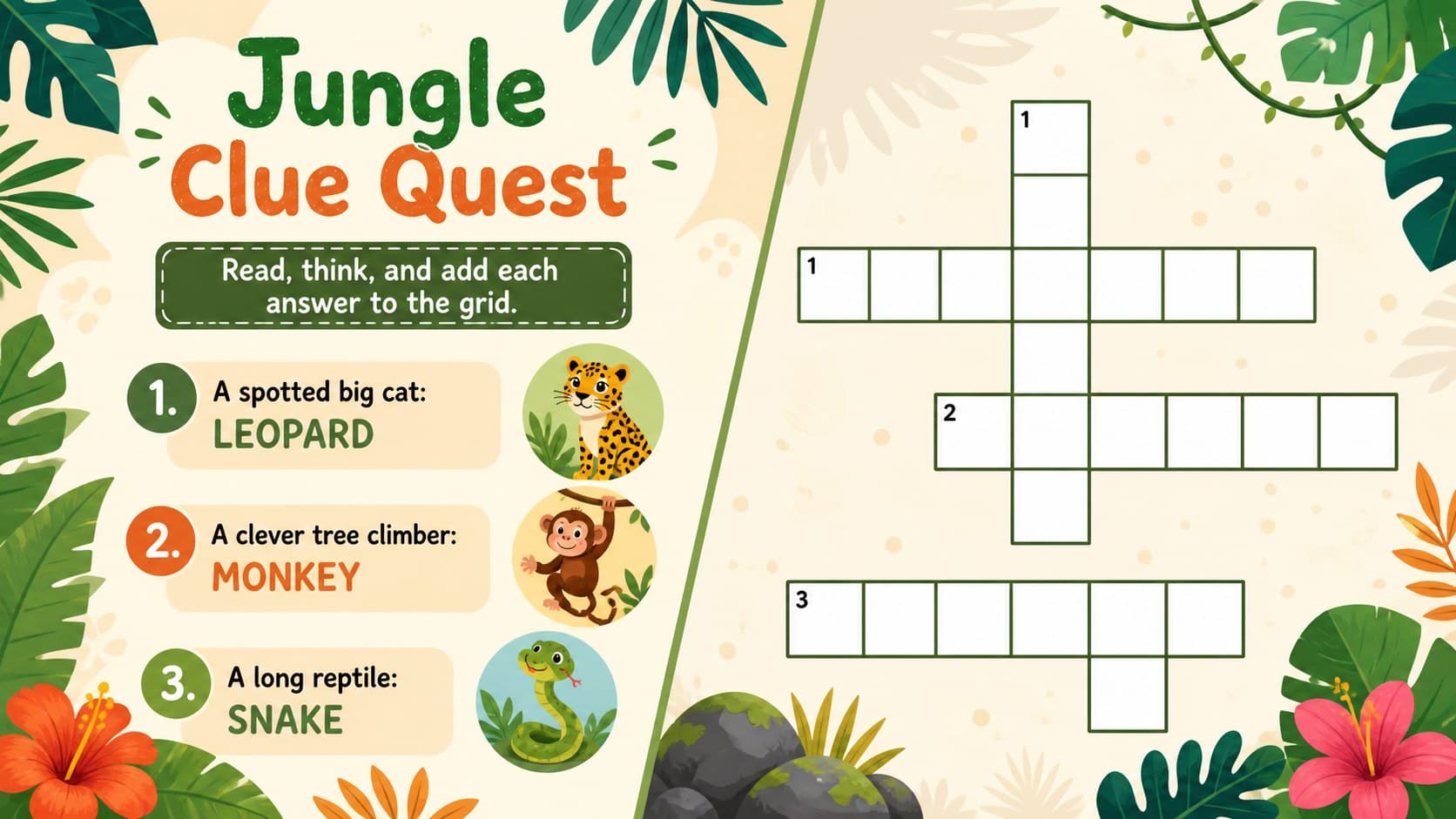 Jungle animal vocabulary crossword featuring bright illustrations and definition clues.