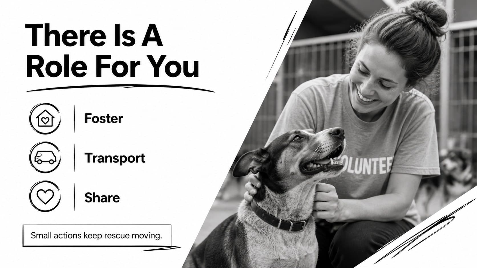 Volunteer recruitment slide presenting three ways to support an animal rescue organization in a bold black-and-white layout.