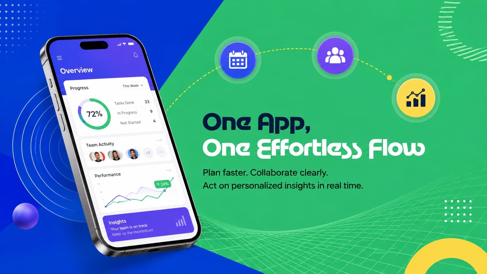 App solution overview with a dimensional phone mockup in a colorful 3D startup presentation template.