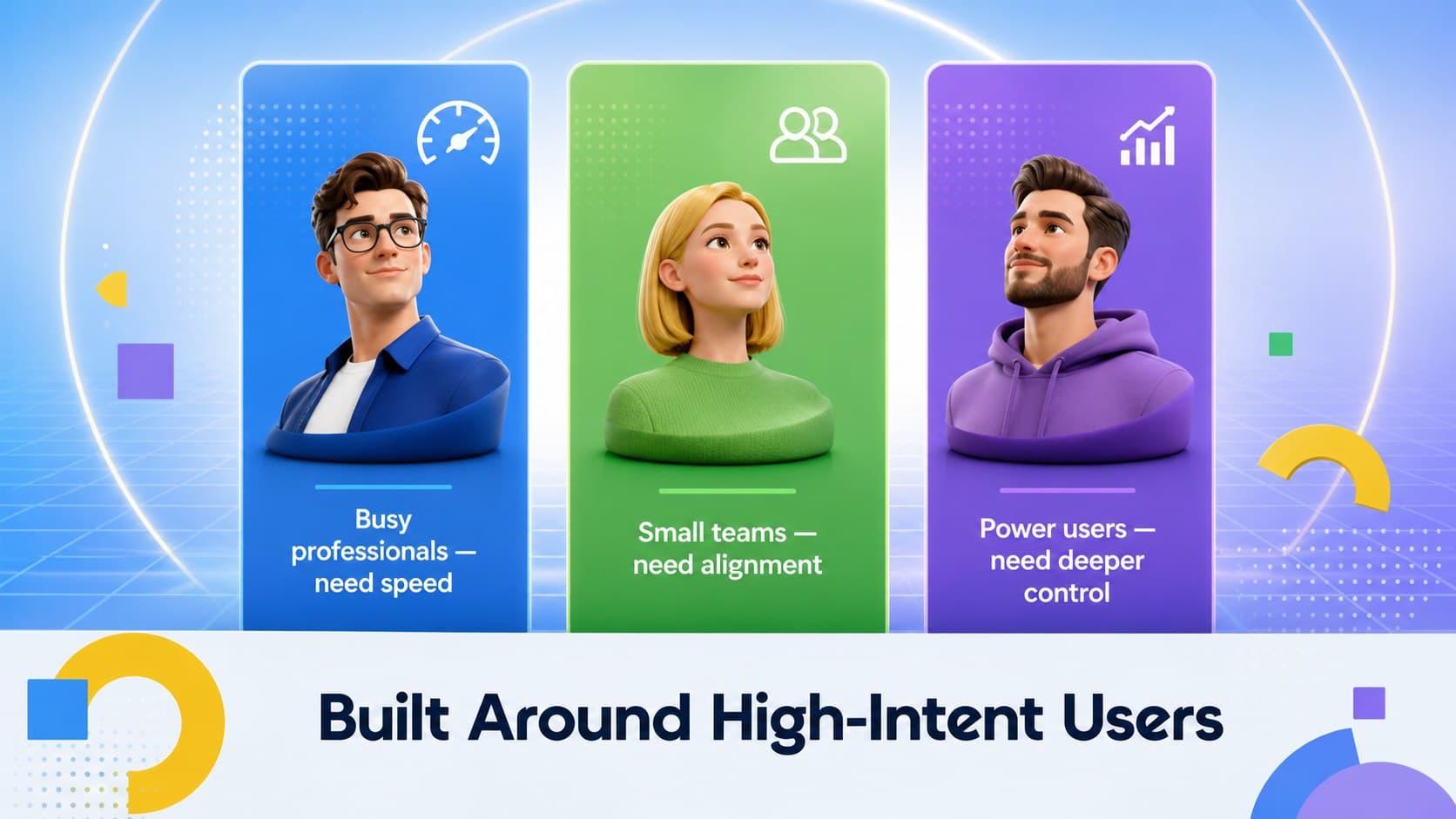 Target audience slide with three customer segments for a colorful technology investor presentation.