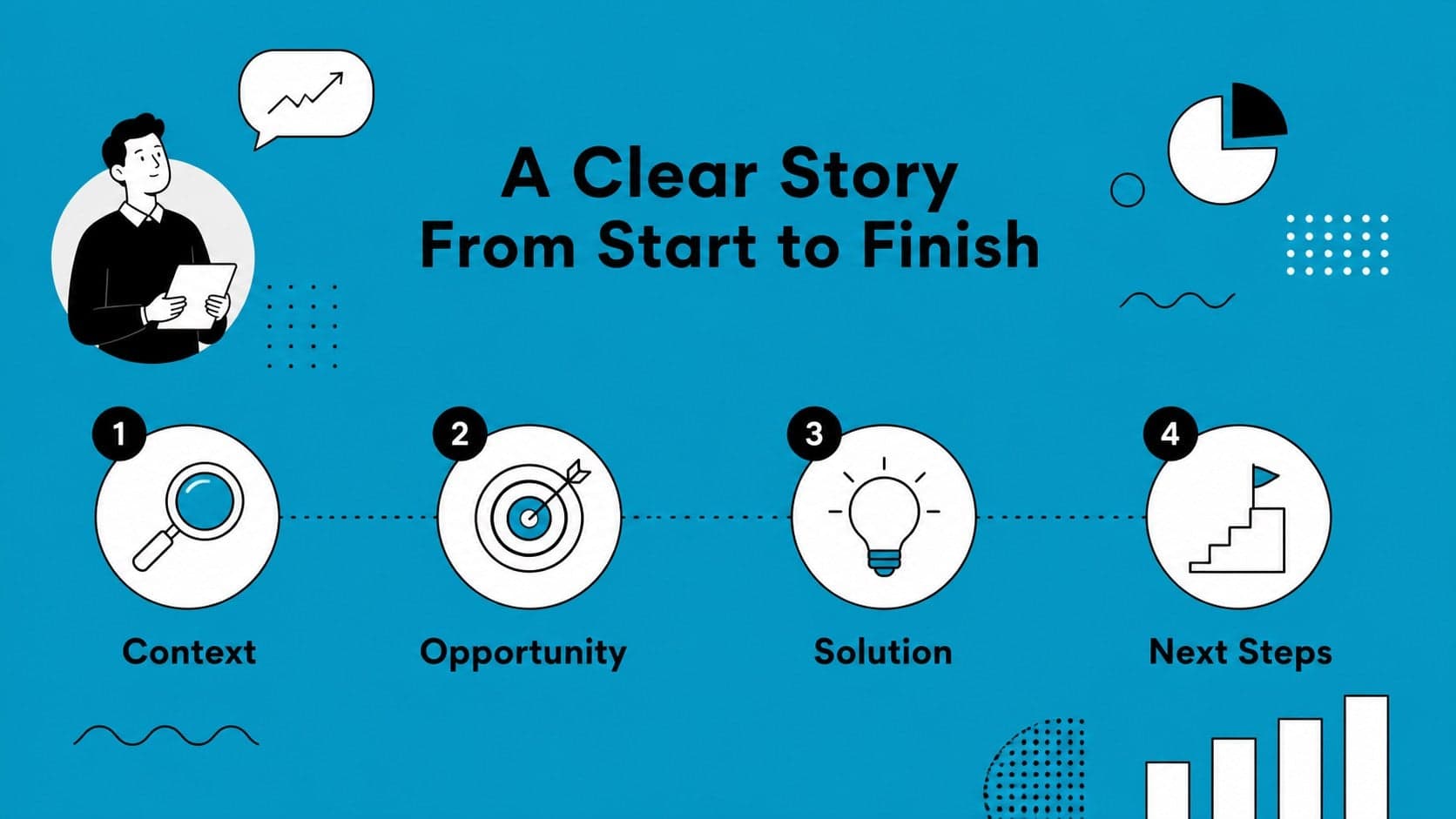 Animated business pitch deck agenda slide with blue illustrated sections for a structured presentation story.