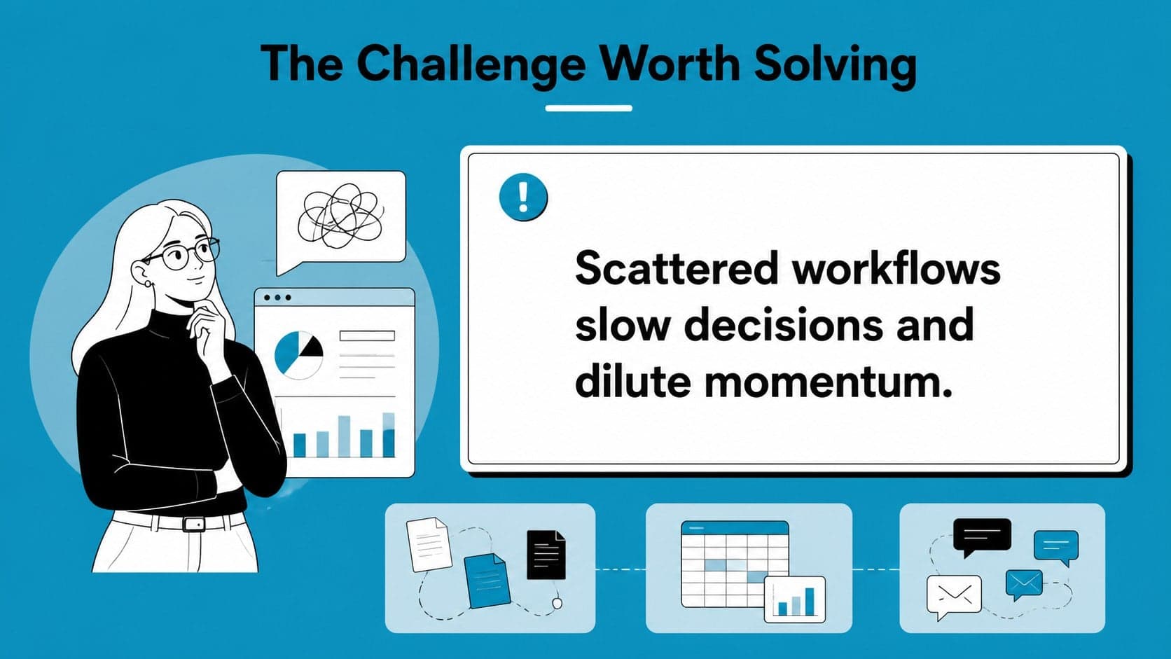 Blue business presentation slide introducing a company challenge with animated illustrated visual elements.