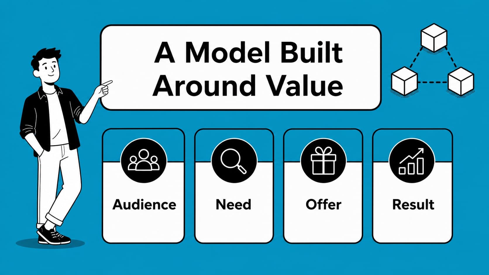 Blue business model slide with an illustrated value proposition layout for startup presentation slides.