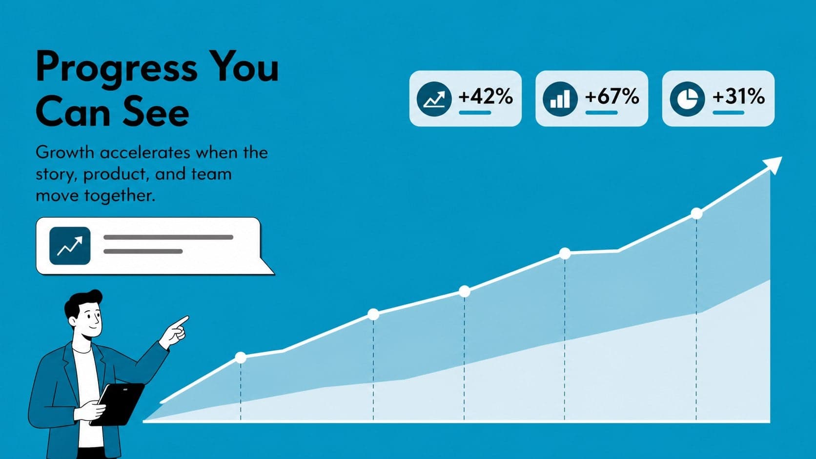 Blue data visualization slide with an illustrated growth chart for an animated business pitch deck.