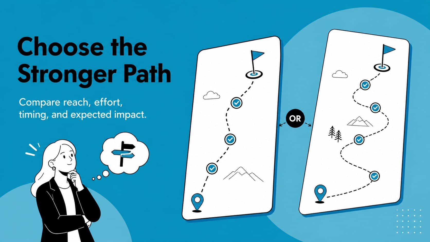 Blue comparison layout for business storytelling showing two illustrated paths and decision criteria.