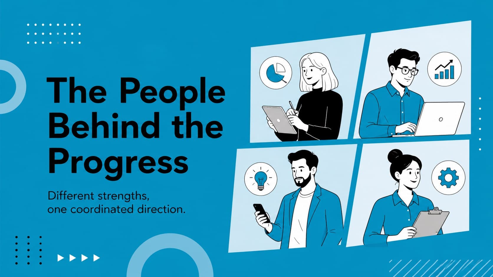 Blue team introduction slide with illustrated profile areas for an animated corporate deck.