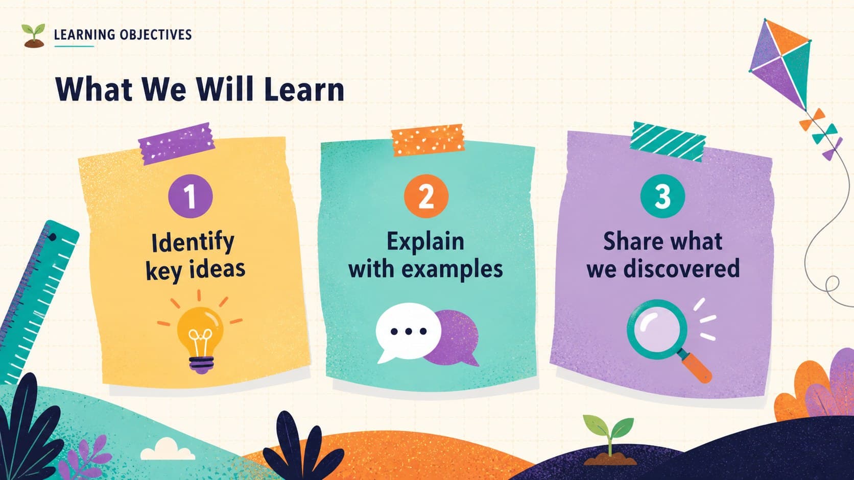 Illustrated primary school presentation slide outlining three learning goals.
