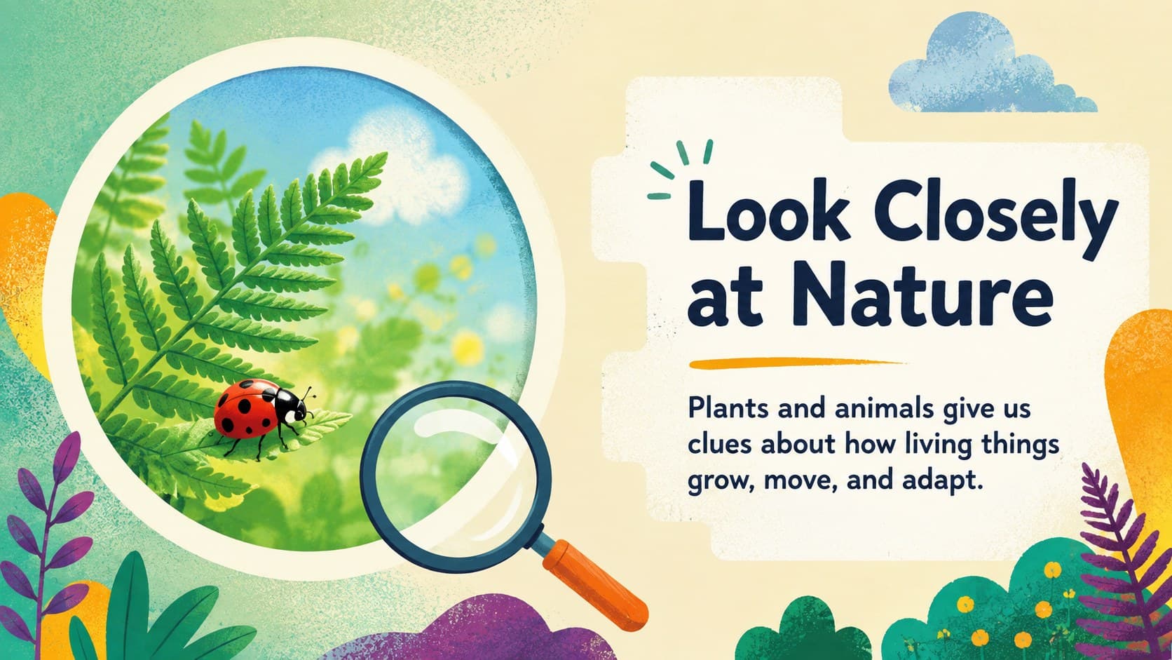 Kid-friendly PowerPoint lesson template slide introducing a nature observation topic.