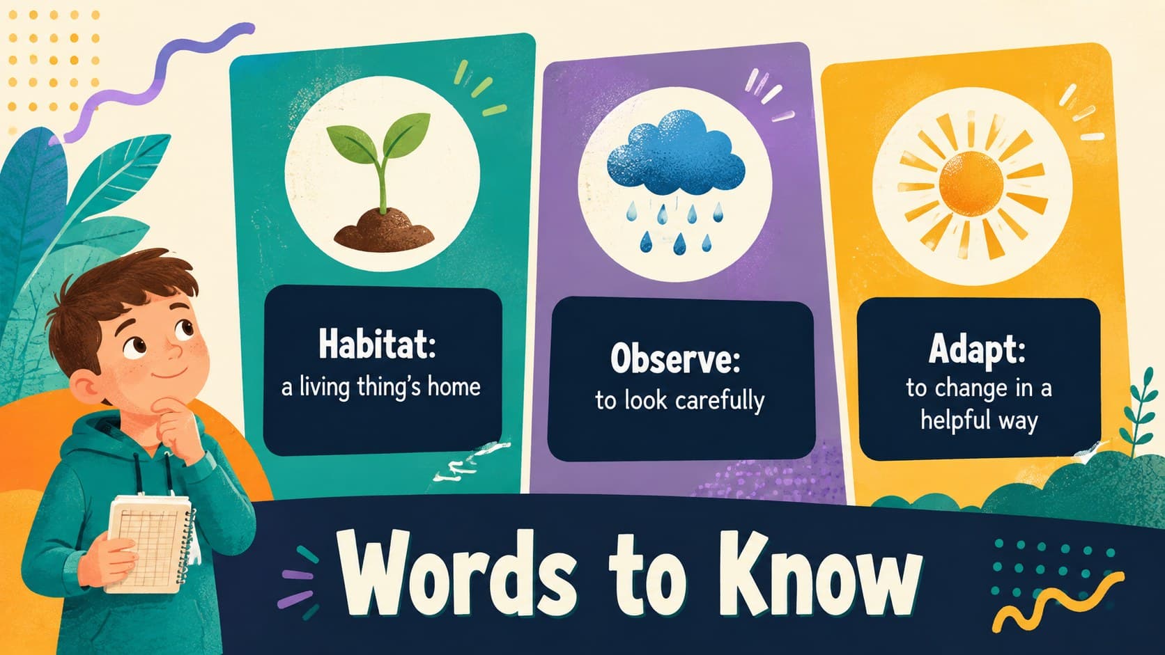 Animated classroom slide defining three vocabulary words with playful illustrations.