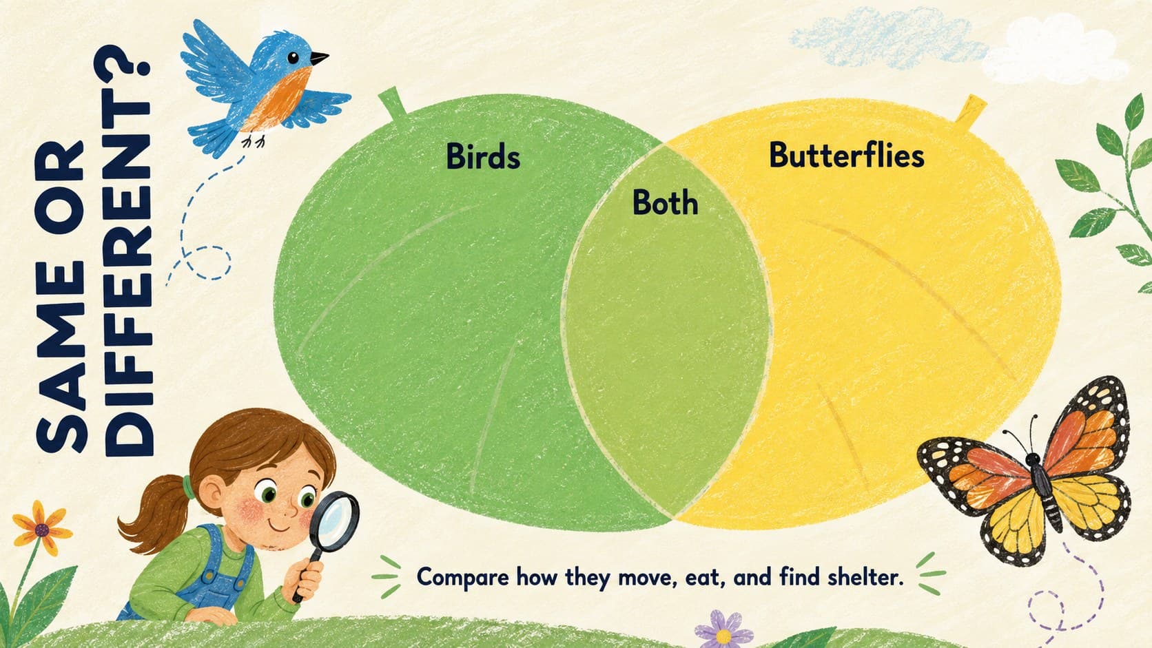 Interactive lesson deck for children showing a compare-and-contrast activity.