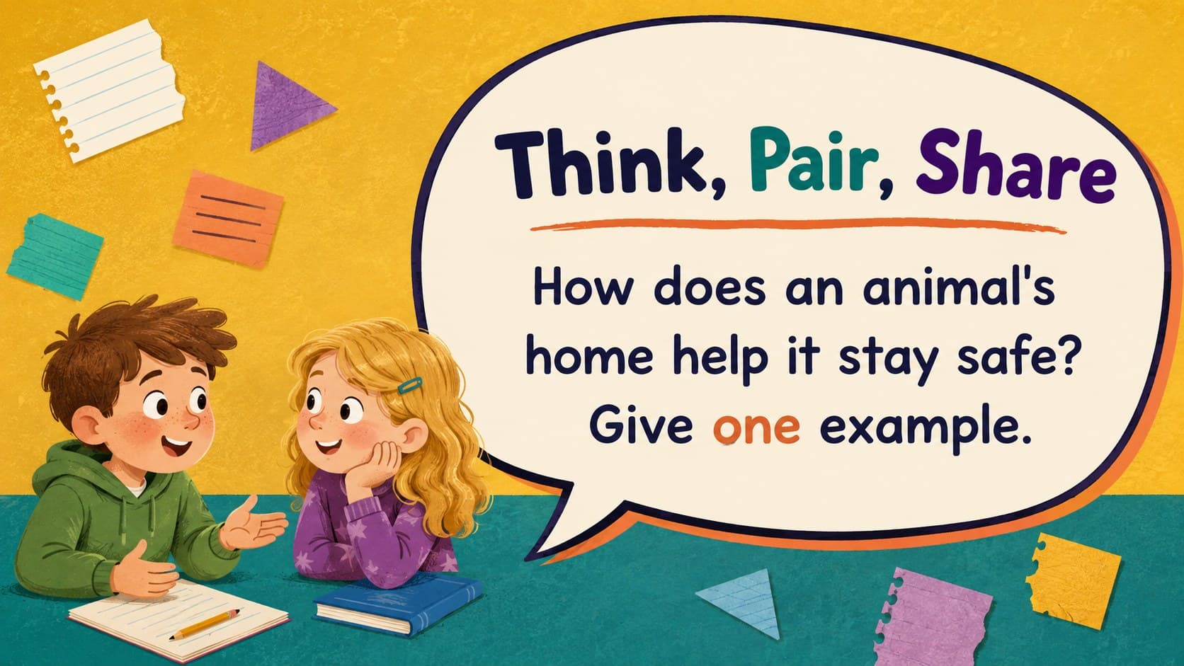 Playful Google Slides layout for young learners featuring a classroom discussion prompt.