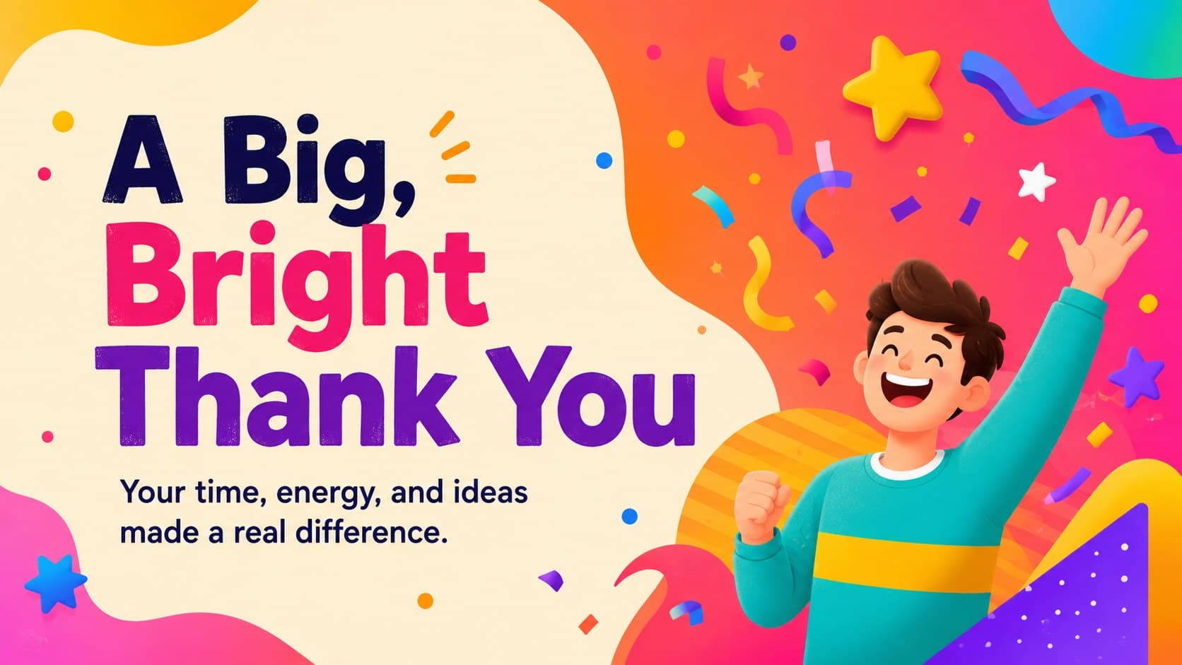 Colorful animated appreciation presentation slide featuring a bold message of thanks and playful confetti.
