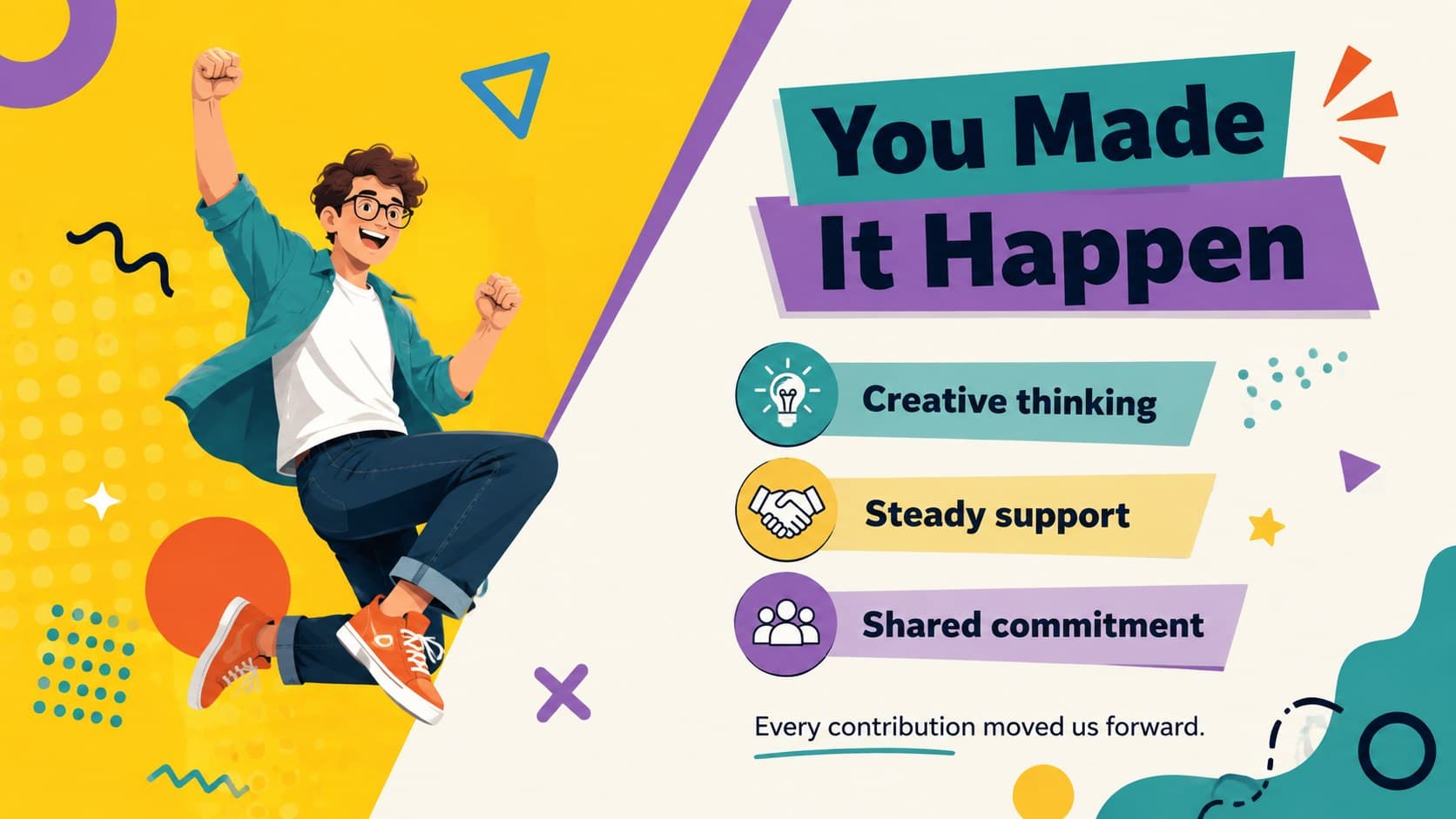 Playful gratitude presentation layout recognizing the people who helped make a shared achievement possible.