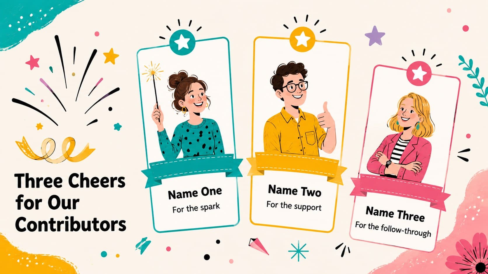 Illustrated recognition slide with three colorful spaces for personalized names and appreciation notes.