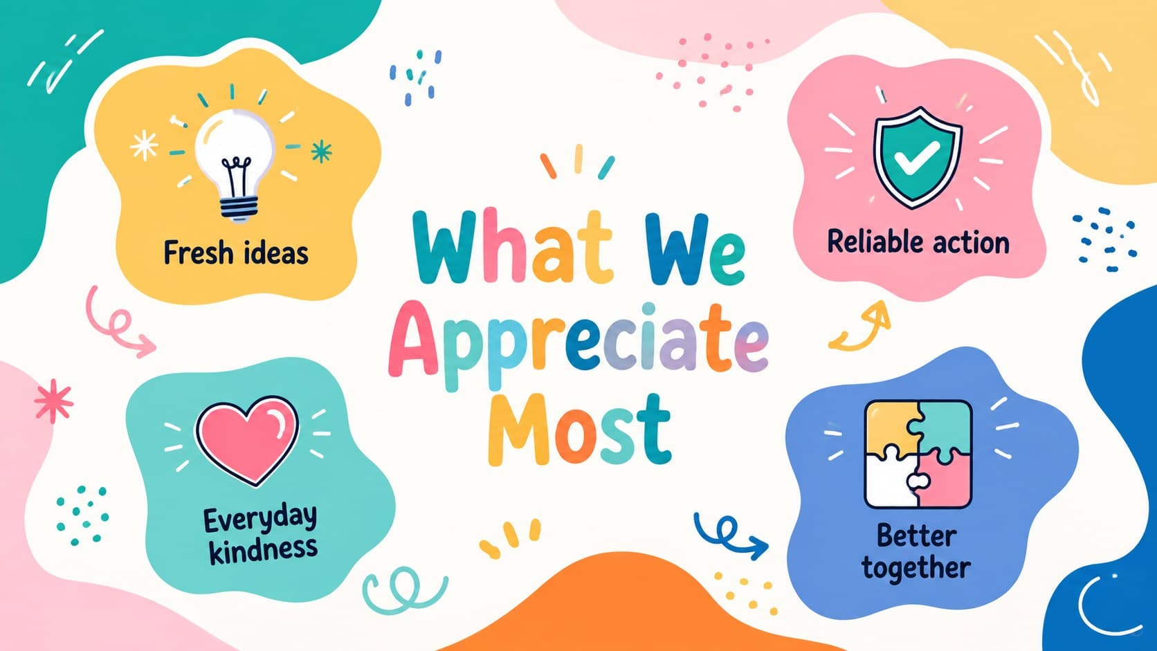 Colorful team recognition slide highlighting creativity, reliability, kindness, and collaboration.